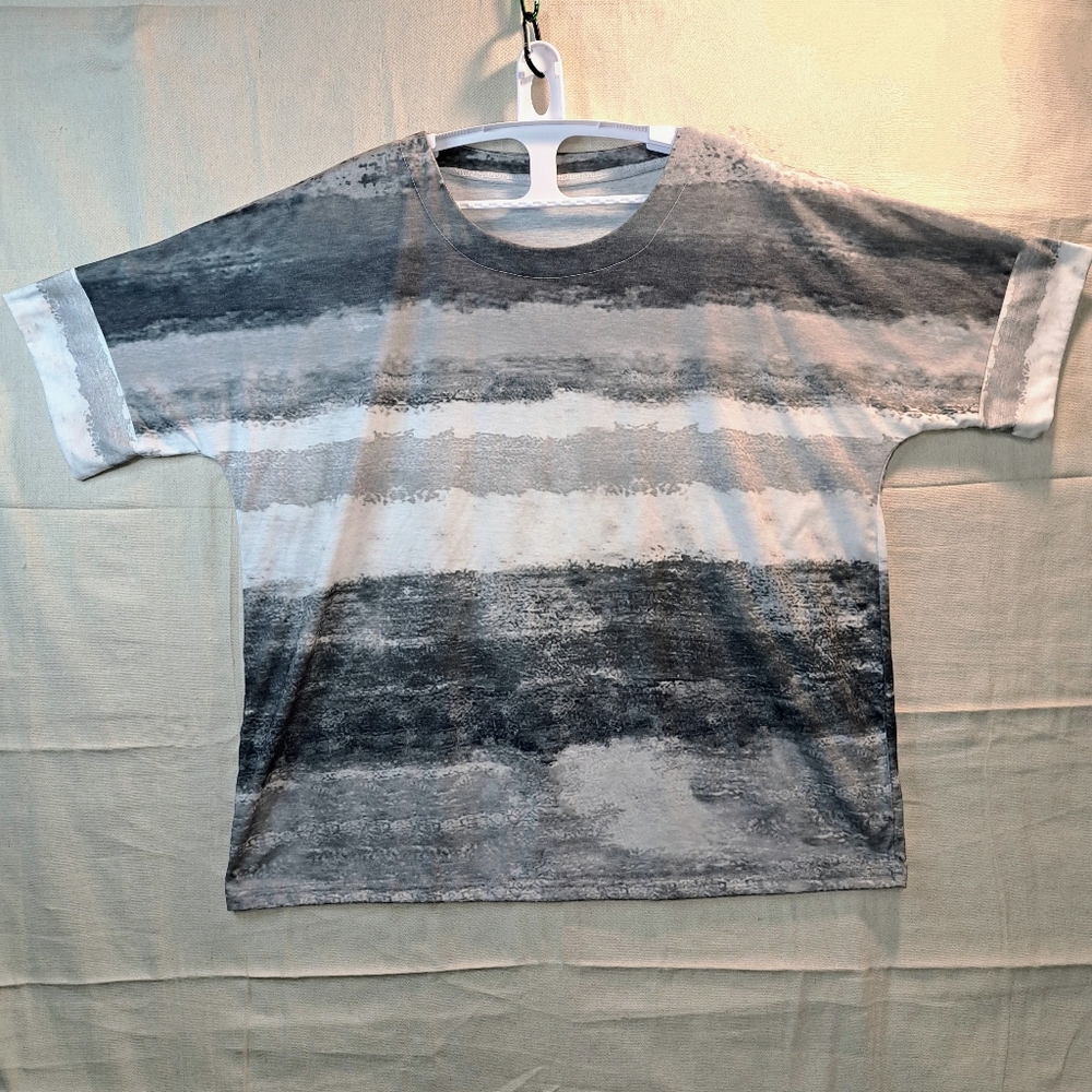 Gradient Ombre Round Neck Short Sleeve 3XL Colorblock Stripe Grey White T-Shirt